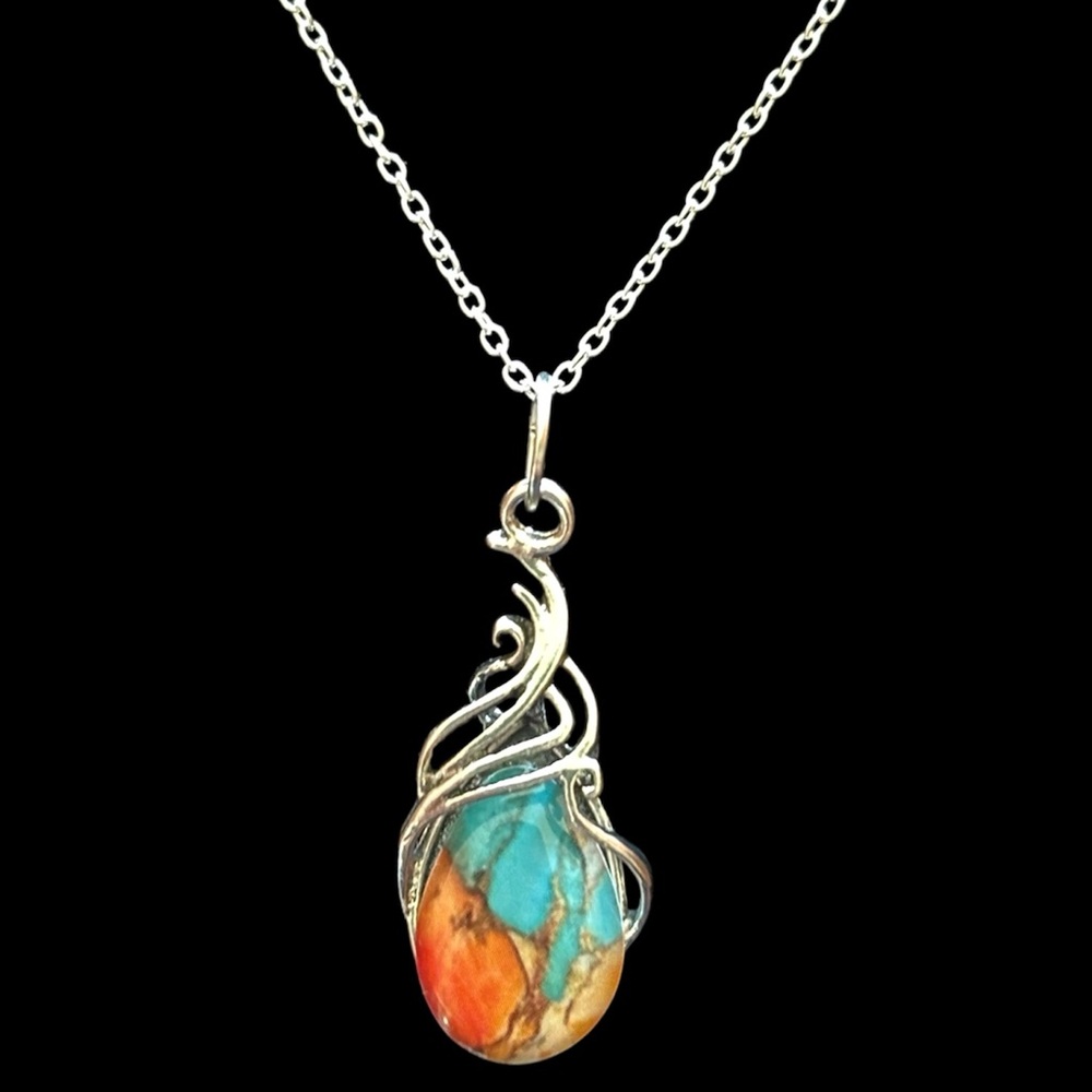 💥2/$24 or 3/$30💥 Silver Necklace with Turquoise and Orange Mosiac Stone. NWT - Picture 1 of 7